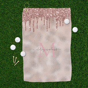 Roze Gouden Glitter Monogram Calligrafie Script Na Golfhanddoek