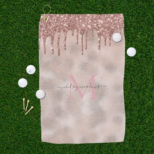 Roze Gouden Glitter Monogram Calligrafie Script Na Golfhanddoek