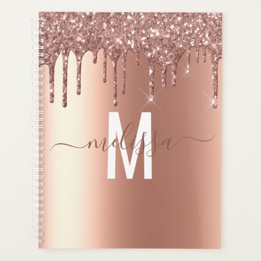 Roze Gouden Glitter Monogram Handgeschreven Schrif Planner (Voorkant)