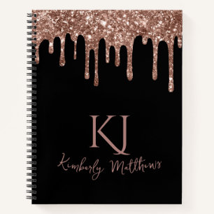 Roze Gouden Glitter Monogram Initialen op Zwart Notitieboek