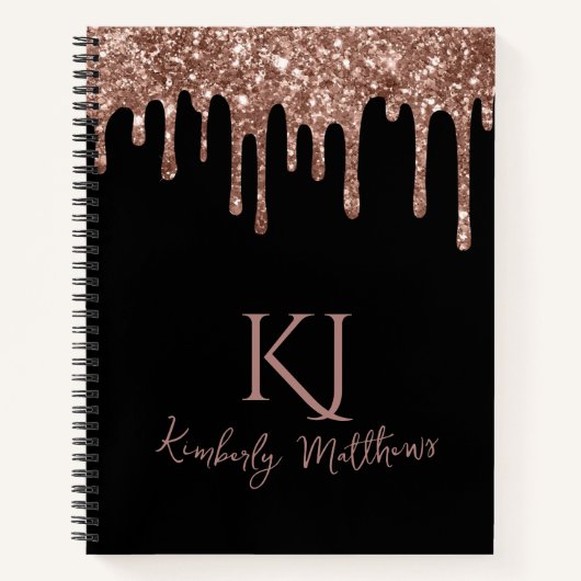 Roze Gouden Glitter Monogram Initialen op Zwart Notitieboek (Voorkant)