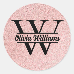 Roze Gouden Glitter Monogram Meisjesachtige Mode Ronde Sticker
