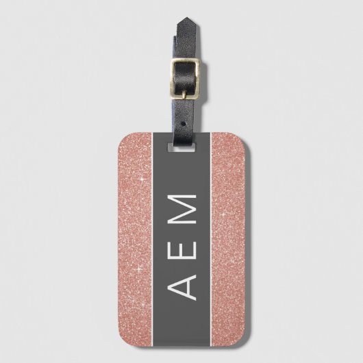 Roze Gouden Glitter Monogram Naam Bagagelabel (Voorkant (verticaal))