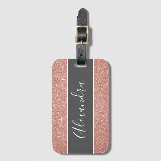 Roze Gouden Glitter Monogram Naam Bagagelabel (Voorkant (verticaal))