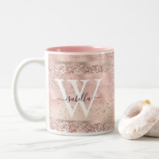 Roze Gouden Glitter Monogram Tweekleurige Koffiemok (Met donut)