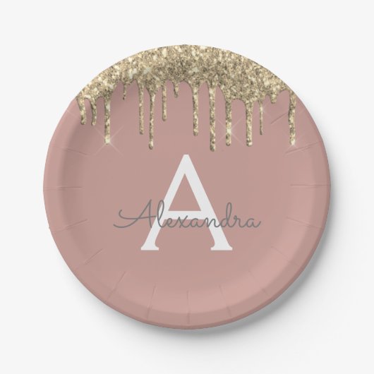 Roze - Gouden Glitter Monogram Verjaardag Papieren Bordje (Voorkant)