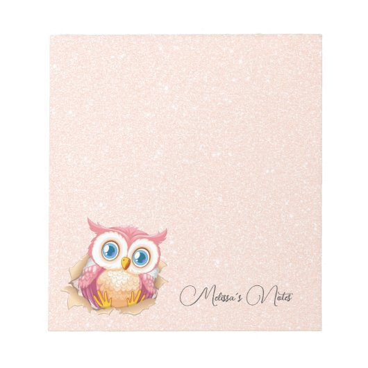Roze Gouden Glitter Moppie Uil Voeg Naam Toe Notitieblok (Voorkant)