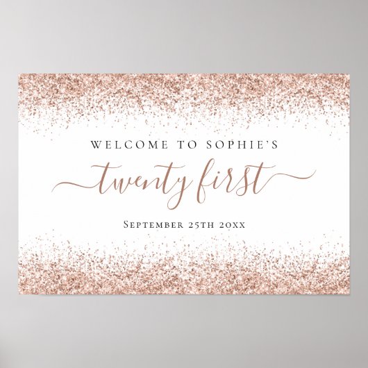 Roze Gouden Glitter Naam Datum Welkom Script 21ste Poster (Voorkant)