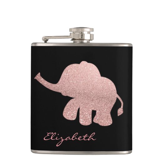 Roze Gouden Glitter Olifant, Zwart - Gepersonalise Heupfles (Voorkant)