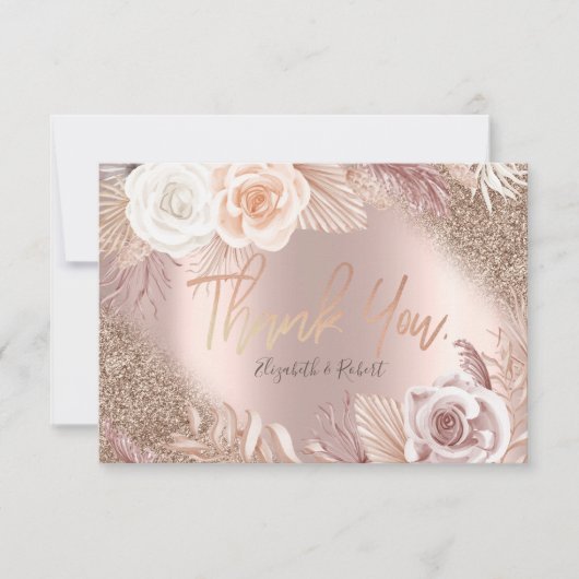 Roze Gouden Glitter Ombre Boho Bloem Bedankkaart (Voorkant)