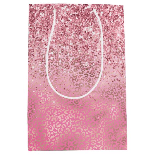 Roze Gouden Glitter Ombre Luipaard Print Medium Cadeauzakje (Voorkant)