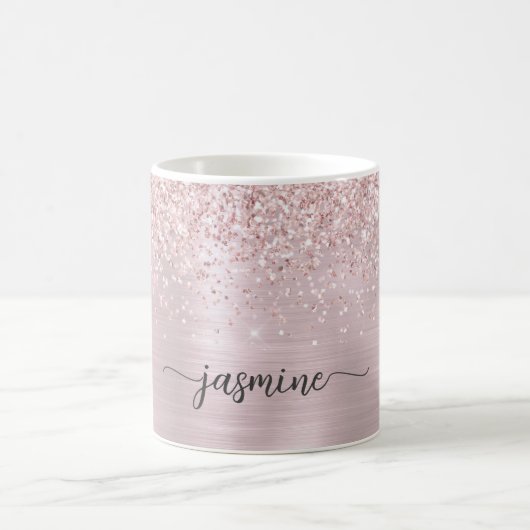 Roze Gouden Glitter Ombre Metaal Monogram Handteke Koffiemok (Center)