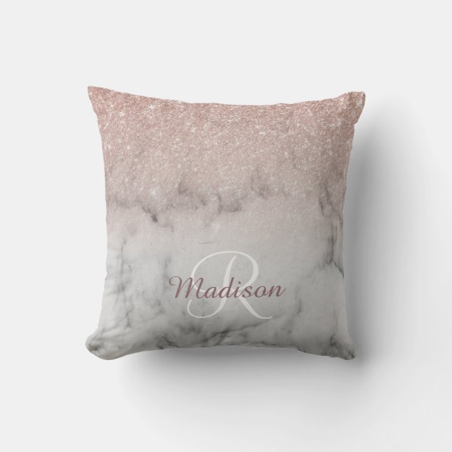 Roze Gouden Glitter Ombre Monogram Marmer Kussen (Voorkant)
