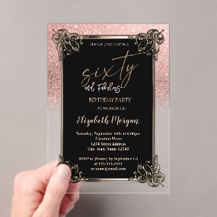Roze Gouden Glitter Ombre Rand 60e Verjaardagsfees Acryl Uitnodigingen