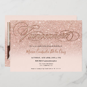 Roze gouden glitter ombre script roze quinceañera folie uitnodiging