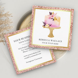 Roze Gouden Glitter Pastel Bloem Cake Bakkerij Vierkante Visitekaartje