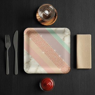 Roze Gouden Glitter Pastel Marmer Diagonale Strepe Papieren Bordje