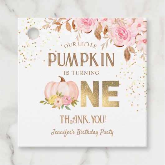Roze Gouden Glitter Pompoen Bloemen Meisje 1e Verj Bedankjes Labels (Voorkant)