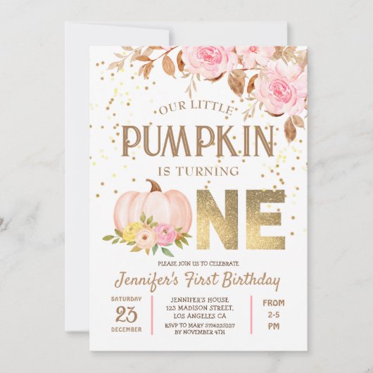 Roze Gouden Glitter Pompoen Bloemen Meisje 1e Verj Kaart (Voorkant)