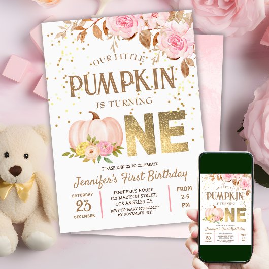 Roze Gouden Glitter Pompoen Bloemen Meisje 1e Verj Kaart