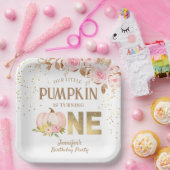 Roze Gouden Glitter Pompoen Bloemen Meisje 1e Verj Papieren Bordje (Feest)
