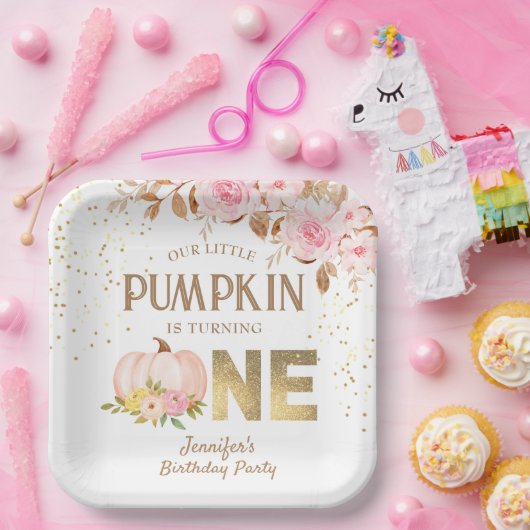 Roze Gouden Glitter Pompoen Bloemen Meisje 1e Verj Papieren Bordje (Feest)