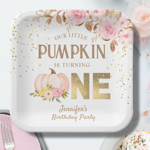 Roze Gouden Glitter Pompoen Bloemen Meisje 1e Verj Papieren Bordje