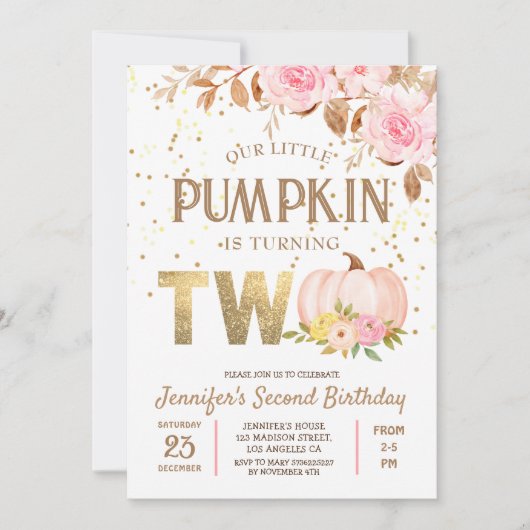 Roze Gouden Glitter Pompoen Bloemen Meisje 2e Verj Kaart (Voorkant)