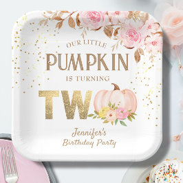 Roze Gouden Glitter Pompoen Bloemen Meisje 2e Verj Papieren Bordje