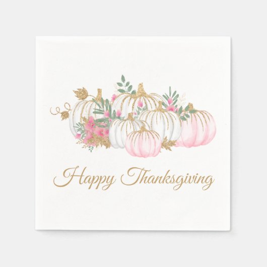 Roze Gouden Glitter Pompoen Bloemige Thanksgiving Servet (Voorkant)