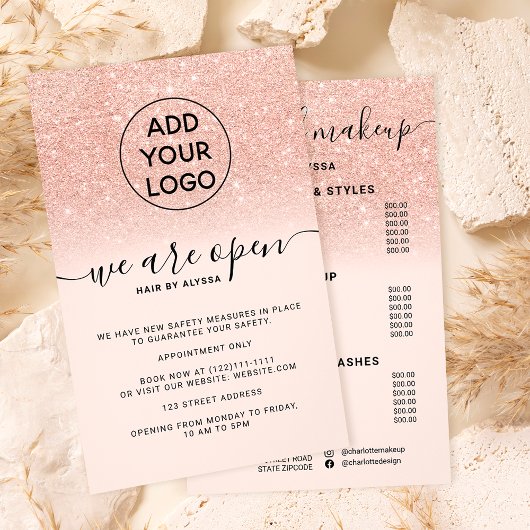 Roze gouden glitter prijzen logo roze We zijn open Flyer