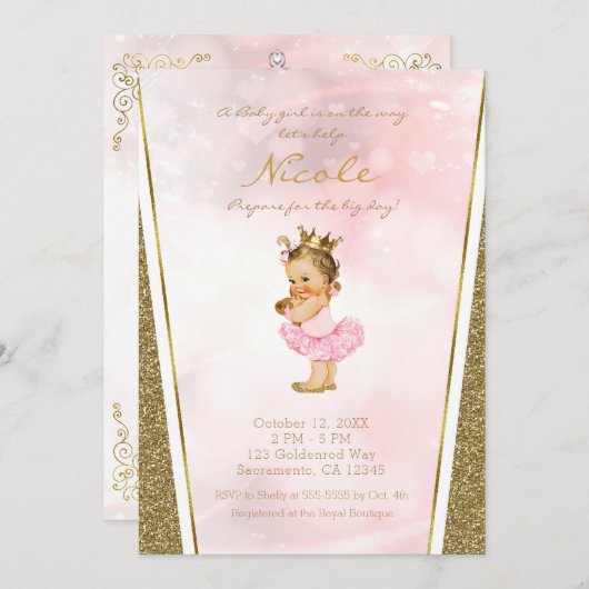 Roze & Gouden Glitter Princess Baby shower Kaart (Voorkant / Achterkant)