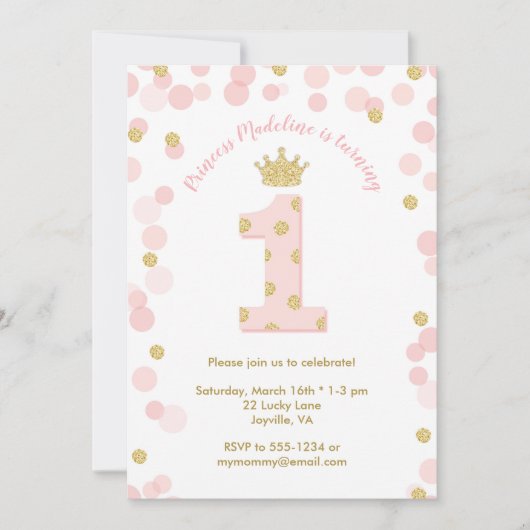 Roze Gouden Glitter Prinses 1e Verjaardag Kaart (Voorkant)