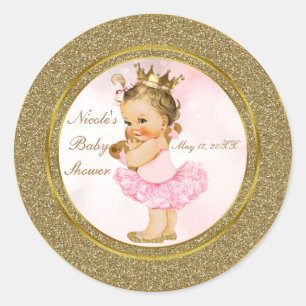 Roze Gouden Glitter Prinses  Baby Meisje Favor Ronde Sticker