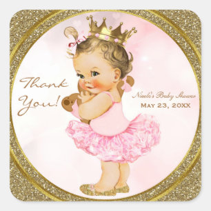 Roze Gouden Glitter Prinses  Baby Meisje Favor Vierkante Sticker