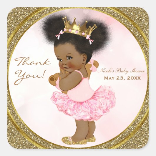 Roze Gouden Glitter Prinses  Baby Meisje Favor Vierkante Sticker (Voorkant)