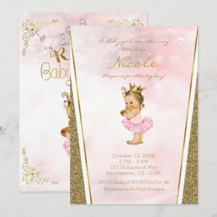 Roze & Gouden Glitter Prinses Vintage Baby Shower Kaart