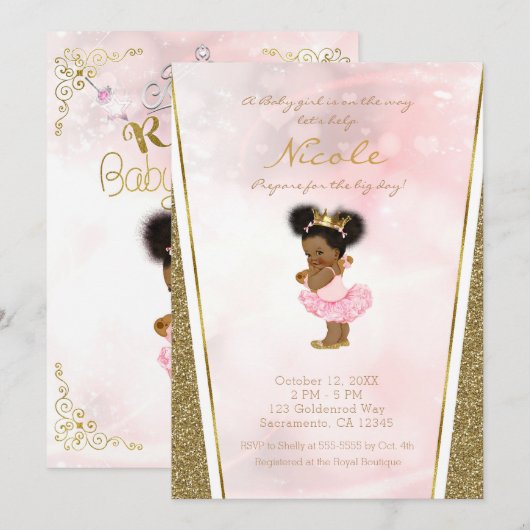 Roze Gouden Glitter Prinses  Zwart Baby Meisje Kaart (Voorkant / Achterkant)