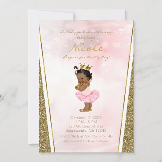 Roze Gouden Glitter Prinses  Zwart Baby Meisje Kaart (Voorkant)