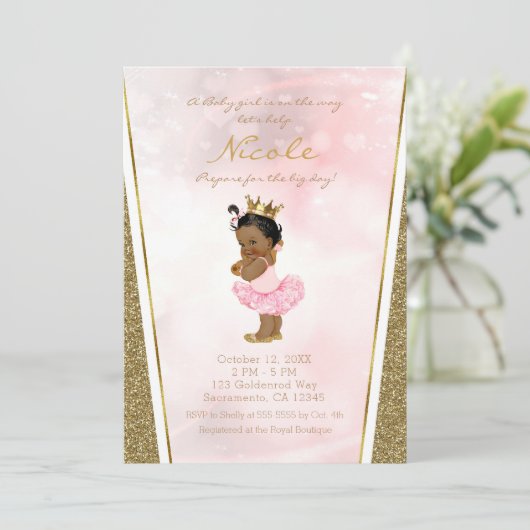 Roze Gouden Glitter Prinses  Zwart Baby Meisje Kaart (Staand voorkant)