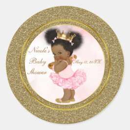 Roze Gouden Glitter Prinses  Zwart Baby Meisje Ronde Sticker