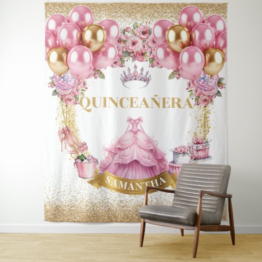 Roze Gouden Glitter Quinceañera Party Wandtapijt Wandkleed (In situ)
