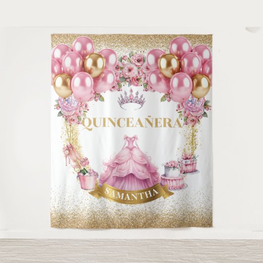 Roze Gouden Glitter Quinceañera Party Wandtapijt Wandkleed (Voorkant)