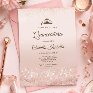Roze Gouden Glitter Quinceañera Uitnodigingskaart Kaart