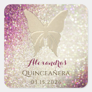 Roze Gouden Glitter Quinceañera Verjaardag Vierkante Sticker