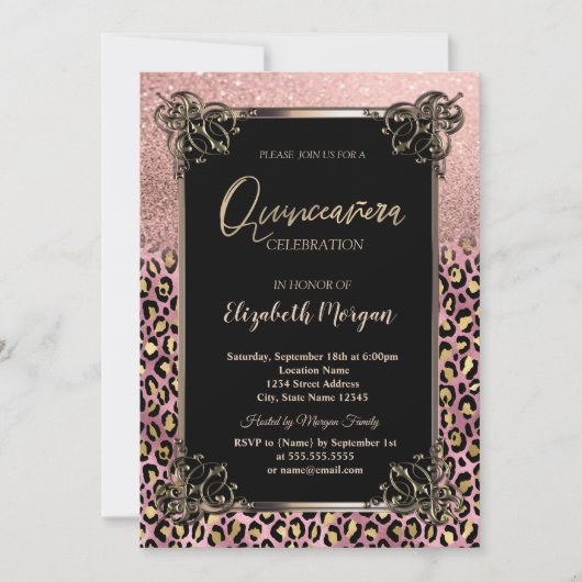 Roze Gouden Glitter Rand Luipaard Quinceañera Kaart (Voorkant)