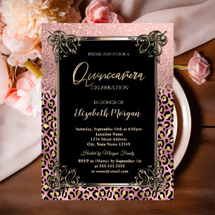 Roze Gouden Glitter Rand Luipaard Quinceañera Kaart