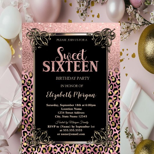 Roze Gouden Glitter Rand Luipaard Sweet 16 Kaart