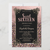 Roze Gouden Glitter Rand Luipaard Sweet 16 Kaart (Voorkant)