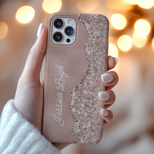 Roze Gouden Glitter Rand Monogram Naam iPhone 16 Pro Max Hoesje